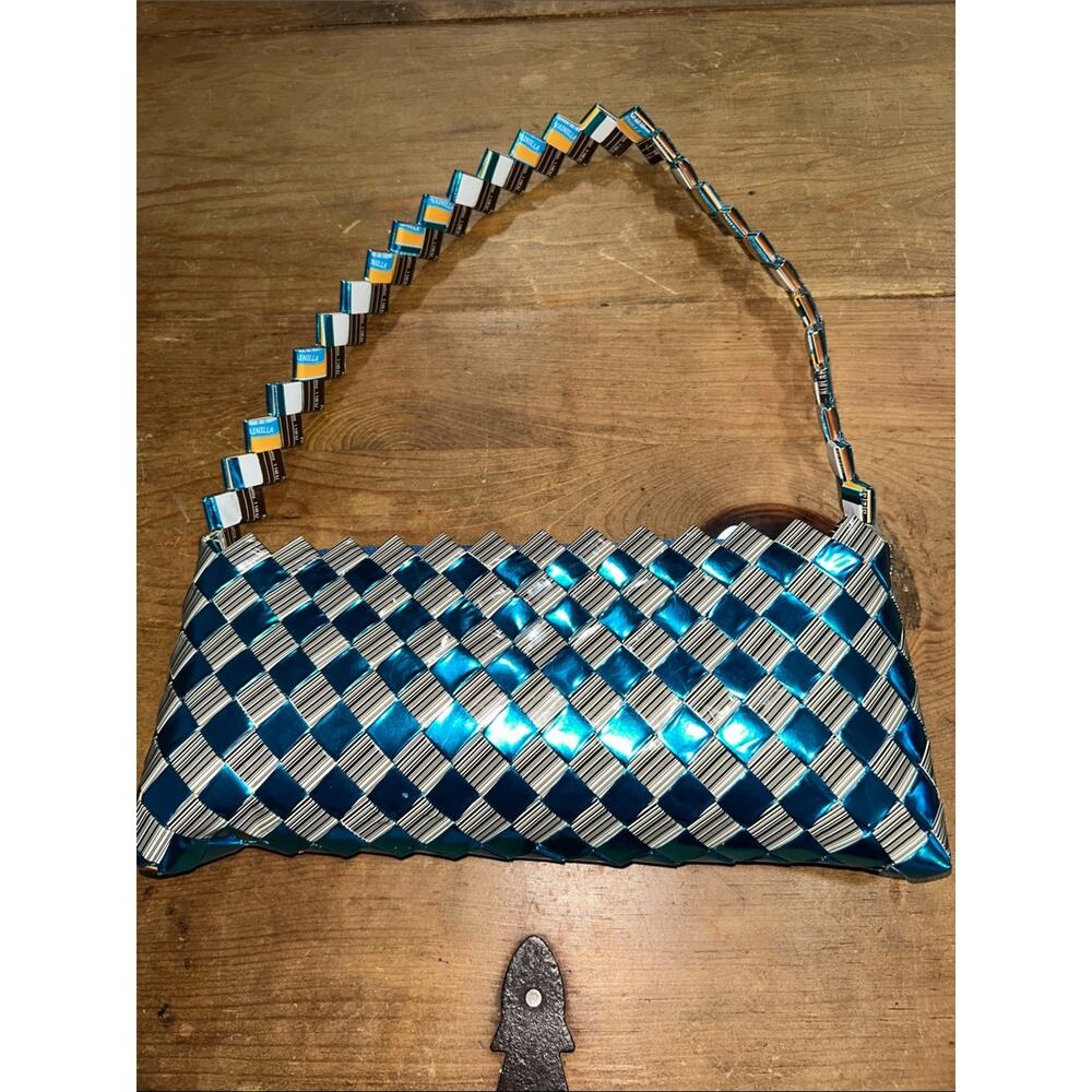Handmade Recycled Wrapper Woven Shoulder Bag Blue Silver Artisan Purse - Picture 5 of 5